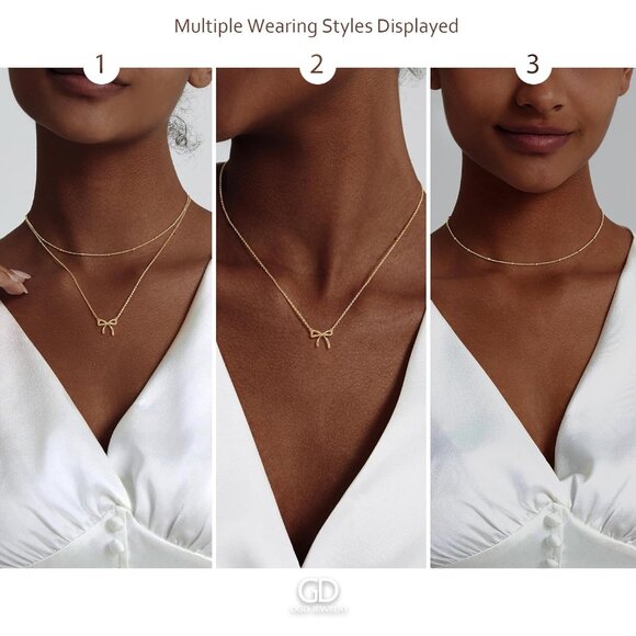 Elegant 14K Gold Bow Necklace for Women - Adjustable Dainty Choker Gift - Picture 7 of 8
